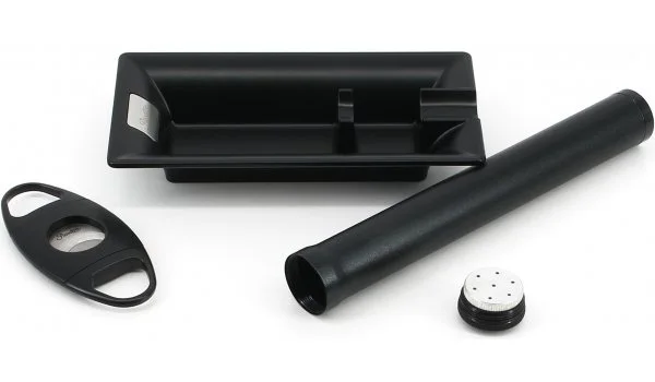 Set Passatore v černém provedení – popelník na doutníky, ořezávač a kovová tuba