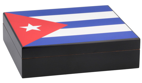 Humidor pentru trabucuri, cu suprafață neagră și steagul cubanez