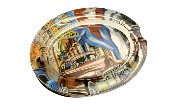 Cigar ashtray glass oval with Cuba design 2 holders