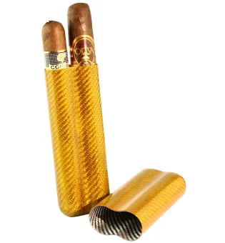 Carbon Fiber Cigar Case gold for 2 Cigars with 57 Ring Gauge