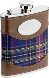 Flask with Leather/Plaid Cover with Engravable Badge