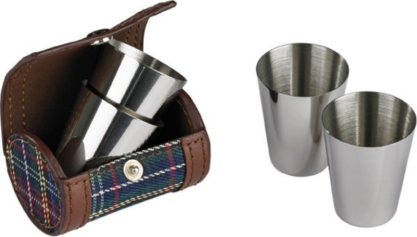 Shot Glass Set in Leather/Plaid Case